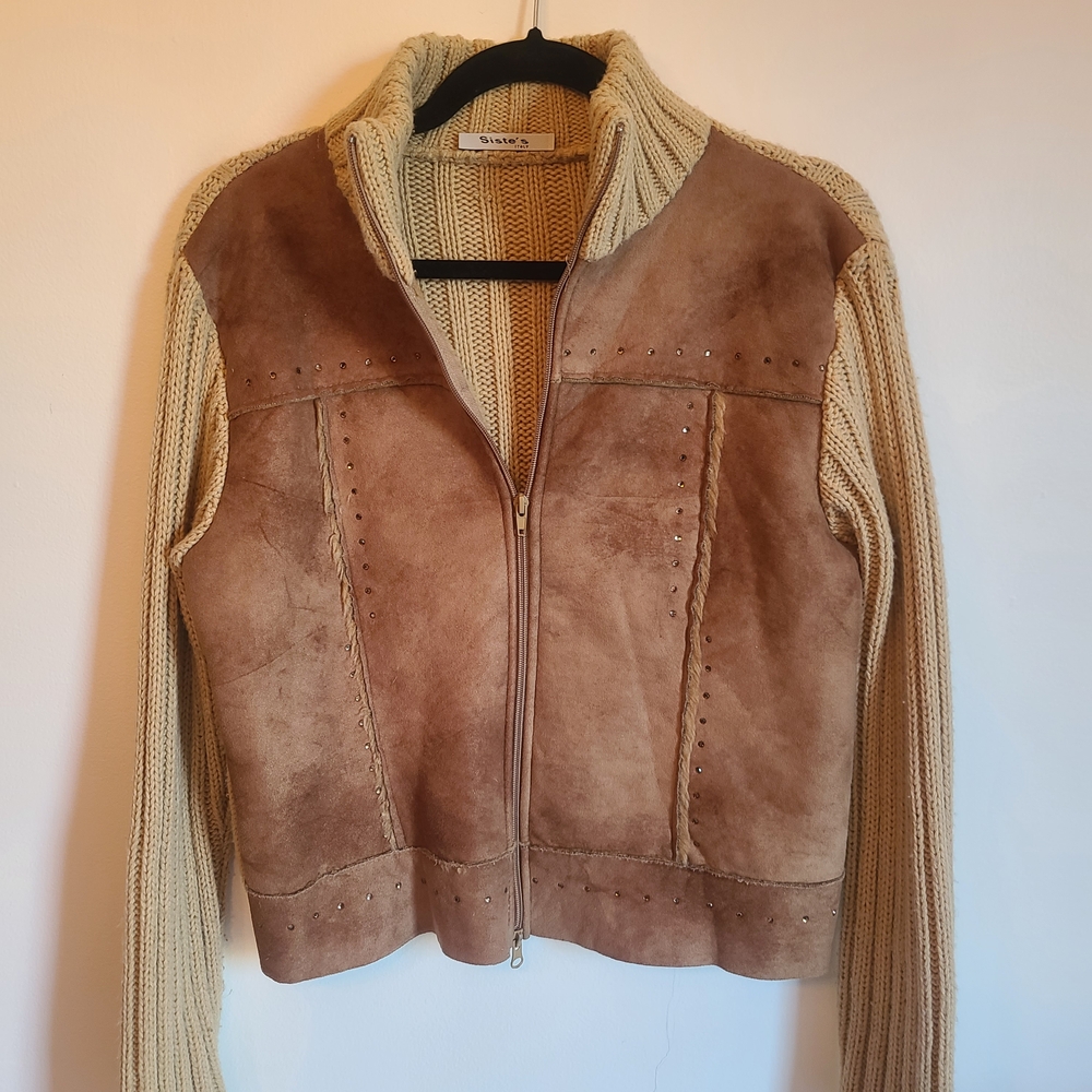 Y2K Tan Brown Suede Fall Jacket with Sweater Knit Sleeves